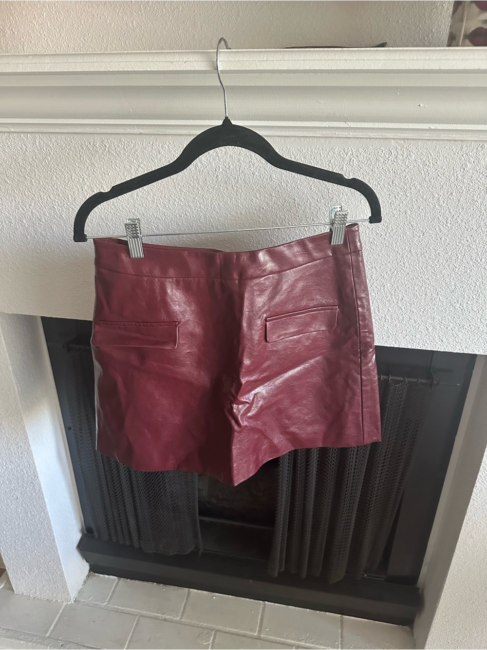 Meshki High Waist Faux Leather Shorts in Burgundy